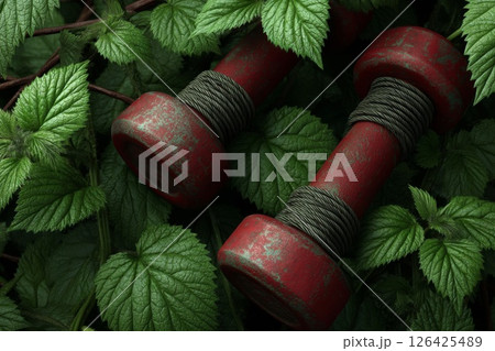 Rusty Red Dumbbells on Lush Green Leaves Rusty Red Dumbbells on Lush Green Leaves 126425489
