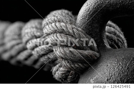 Close-Up of a Knotted Rope in Black and White 126425491