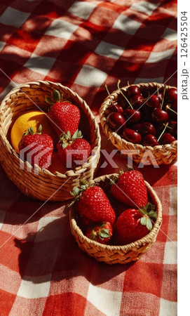 Summer Picnic Basket with Strawberries and Cherries 126425504