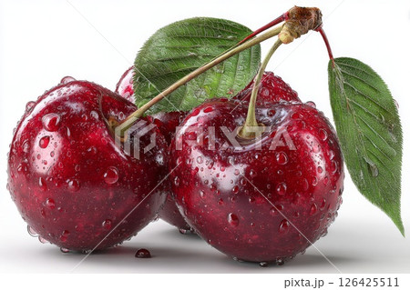 Three Red Cherries with Water Drops on White Background Three Red Cherries with Water Drops on White Background 126425511