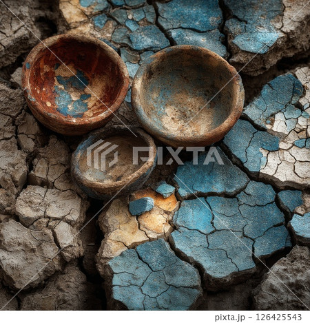 Three Small Aged Clay Bowls on Cracked Earth 126425543