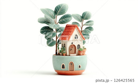 Miniature Clay House with Potted Plants and Trees 126425565