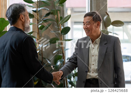 Networking and Professionalism. Two seniors engaging in a warm handshake, embodying friendship and collaboration in a modern environment. Networking and Professionalism. Two seniors engaging in a warm handshake, embodying friendship and collaboration in a modern environment. 126425688