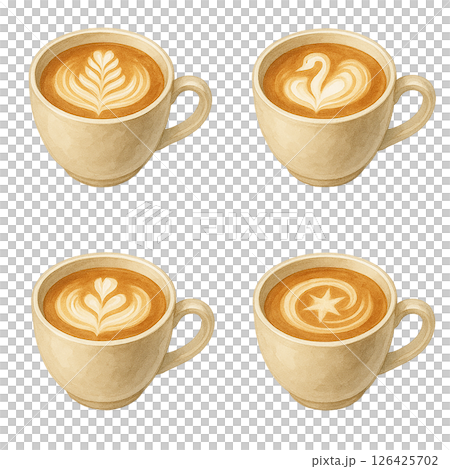 水彩風のラテアートが描かれたカフェラテのイラストセット 126425702