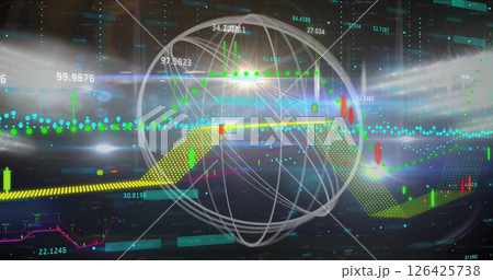 Image of globe, financial data processing over city lights Image of globe, financial data processing over city lights 126425738