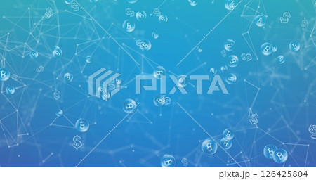 Image of network of bitcoin and dollar coins moving on blue background Image of network of bitcoin and dollar coins moving on blue background 126425804