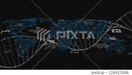Image of dna strand and data processing over world map 126425806