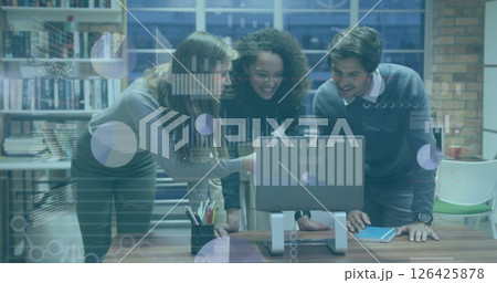 Image of financial data processing over diverse business people in office Image of financial data processing over diverse business people in office 126425878