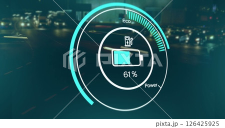 Image of scope and battery charge data processing over cityscape 126425925
