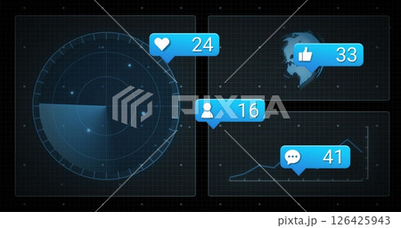 Image of circuit board and social media data processing over dark background Image of circuit board and social media data processing over dark background 126425943