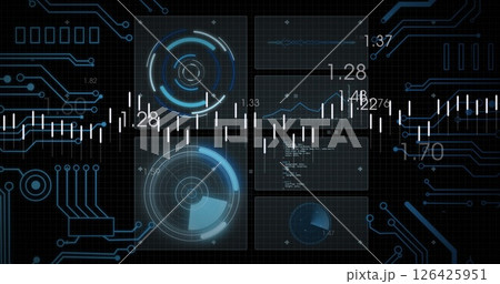 Image of circuit board and data processing over dark background 126425951