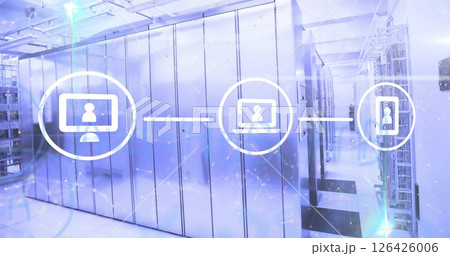 Image of media icons over server room 126426006