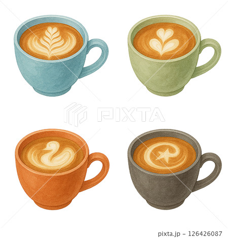 カラフルなカップに描かれたラテアートの水彩イラストセット 126426087