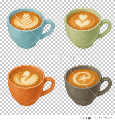 カラフルなカップに描かれたラテアートの水彩イラストセット 126426087