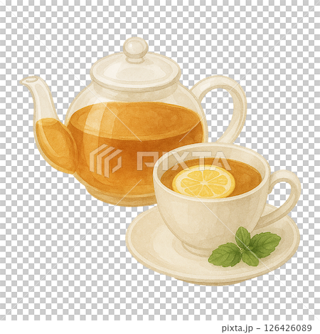 Watercolor illustration of glass pot with lemon tea Watercolor illustration of glass pot with lemon tea 126426089