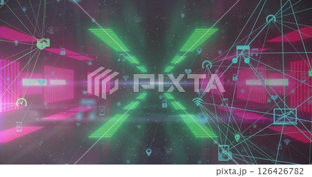 Image of network of connections with icons and data processing connections Image of network of connections with icons and data processing connections 126426782