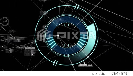 Image of scope scanning over network of connections with data processing on black background 126426793