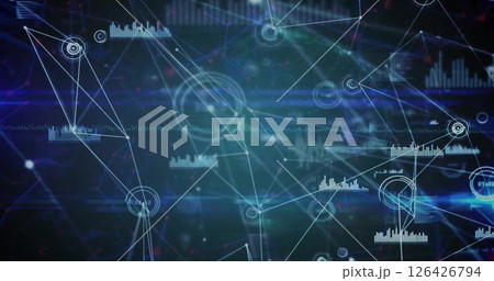 Image of network of connections with data processing on black background 126426794
