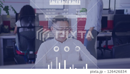 Image of financial data processing over asian businessman using smartphone in office Image of financial data processing over asian businessman using smartphone in office 126426834