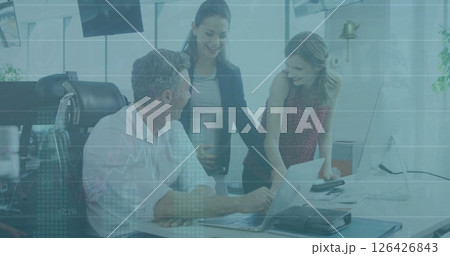 Image of financial data processing over diverse business people in office 126426843