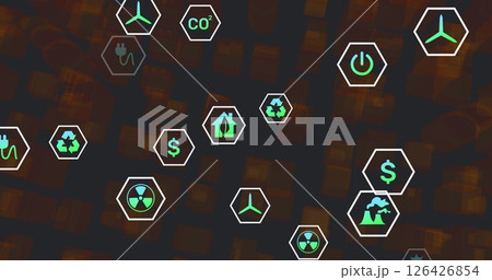 Image of eco icons and data processing on dark background 126426854