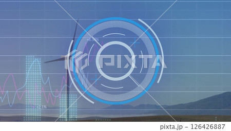 Image of financial data processing and scope over wind turbine 126426887