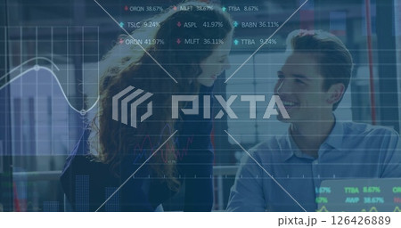 Image of financial data processing over diverse business people in office Image of financial data processing over diverse business people in office 126426889