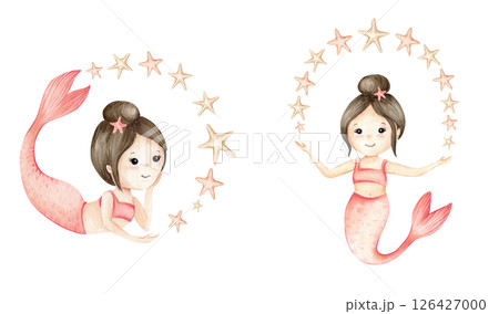 Set cute mermaid girls with stars around. Watercolor Children's illustration in pastel coral pink colors isolated from background. Hand drawn kids design for textile, interior, stationary, packaging 126427000