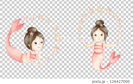 Set cute mermaid girls with stars around. Watercolor Children's illustration in pastel coral pink colors isolated from background. Hand drawn kids design for textile, interior, stationary, packaging 126427000