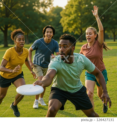 Friends playing frisbee in park 126427131