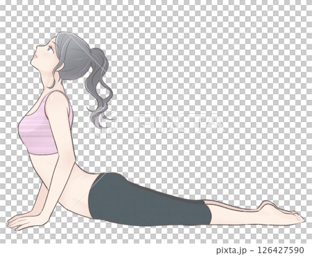 一位綁著馬尾的年輕女子正在做瑜珈(眼鏡蛇式) 一位綁著馬尾的年輕女子正在做瑜珈(眼鏡蛇式) 126427590