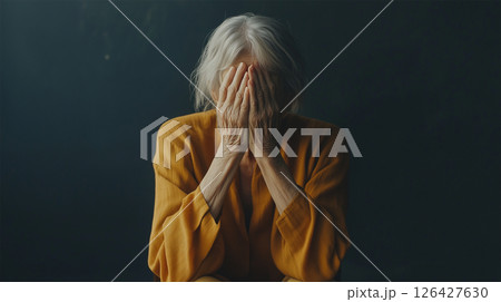 顔を覆って悲しむ高齢女性のクローズアップ 126427630