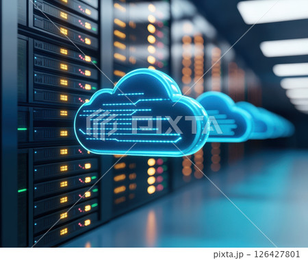 High tech server room with glowing cloud technology and data flow 126427801