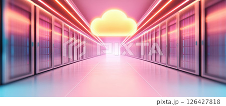 Futuristic data center with glowing cloud symbol, vibrant lighting, and sleek servers creating high tech atmosphere 126427818