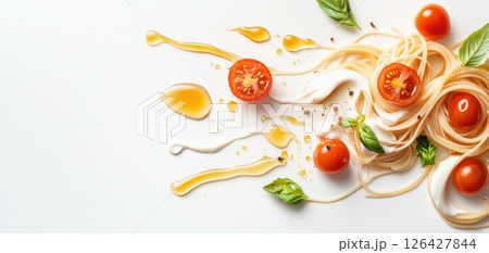 Twirled spaghetti with vibrant cherry tomatoes, basil leaves, and olive oil drizzle, creating bright and fresh culinary scene 126427844
