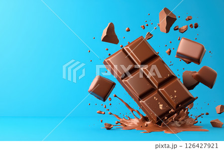 Delicious chocolate bar breaking into chunks, creating dynamic splash of cocoa 126427921