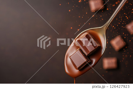 Delicious chocolate squares dripping from spoon, creating warm, inviting scene Delicious chocolate squares dripping from spoon, creating warm, inviting scene 126427923