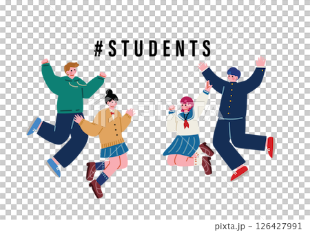 Male and female students in uniform jumping Male and female students in uniform jumping 126427991