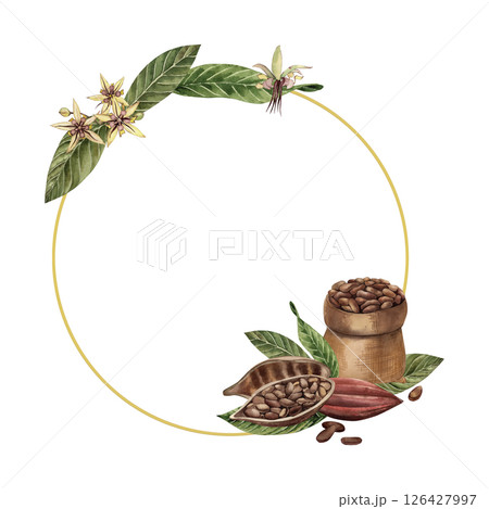 Round frame decorated with flowers, beans, cocoa tree leaves and a bag full of chocolate seeds. Watercolor illustration hand-drawn in botanical style. For packaging design, postcards, scrapbooking 126427997