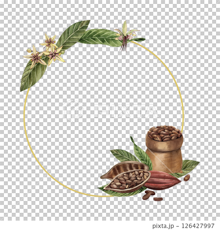 Round frame decorated with flowers, beans, cocoa tree leaves and a bag full of chocolate seeds. Watercolor illustration hand-drawn in botanical style. For packaging design, postcards, scrapbooking 126427997