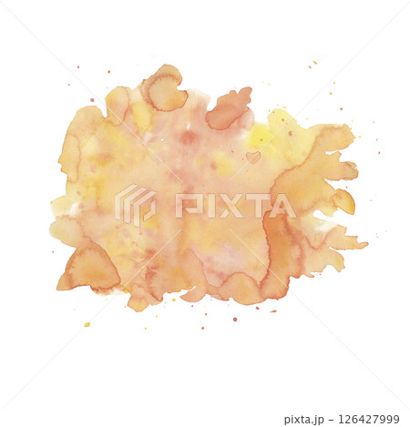 Hand-painted watercolor background in vibrant yellow-orange tones with subtle red accents and a soft organic texture. Abstract stains, splashes, and brush marks ideal for natural, eco-friendly design 126427999