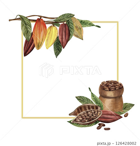 A square frame with cocoa beans, whole, cut, with a bag of beans. The illustration with fruits, leaves of a chocolate tree, and sacking with seeds are hand-painted in watercolor in a botanical style. 126428002