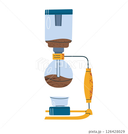 Vector illustration of coffee siphon used for manual brewing. Flat cartoon elegant glass design with stand and burner, icon for home baristas and coffee lovers, isolated colored clipart Vector illustration of coffee siphon used for manual brewing. Flat cartoon elegant glass design with stand and burner, icon for home baristas and coffee lovers, isolated colored clipart 126428029