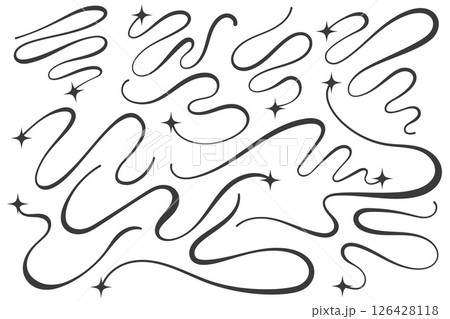 Swirl vector lines with stars. Curved elegant flourishes tails of comets. Decorative Y2k scrolls and strokes on white background. Wavy simple swishes with falling and flying sparkles. Swirl vector lines with stars. Curved elegant flourishes tails of comets. Decorative Y2k scrolls and strokes on white background. Wavy simple swishes with falling and flying sparkles. 126428118
