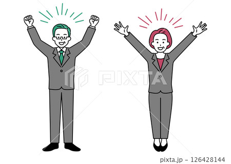 バンザイで喜ぶ中年のスーツの男女（全身） 126428144