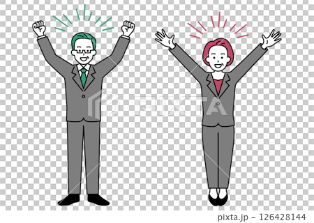 バンザイで喜ぶ中年のスーツの男女（全身） 126428144