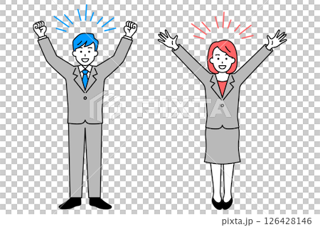 Men and women in suits cheering with banzai (full body) 126428146