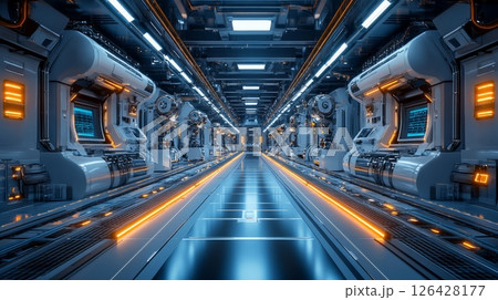 Futuristic corridor in a high-tech facility with illuminated walls and advanced machinery. 126428177