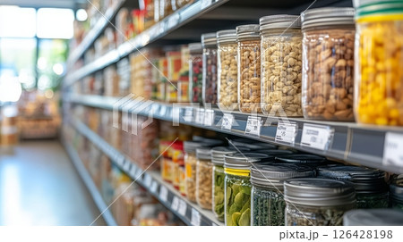 Colorful jars filled with various grains and legumes on a store shelf. 126428198