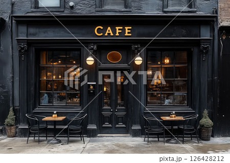 Charming cafe exterior with warm lighting, inviting atmosphere, and cozy seating. 126428212